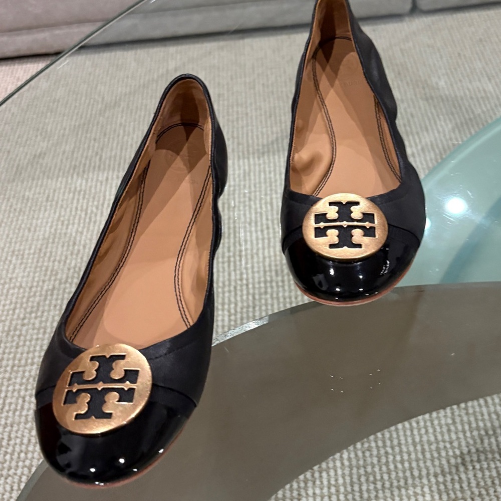 Tory Burch Black Flats with Gold Emblem